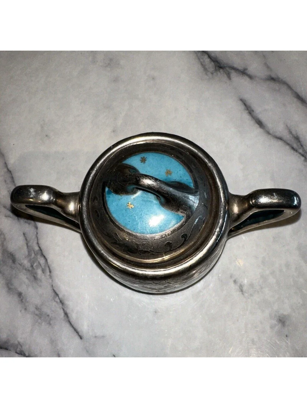 Brauer Hand Painted Lidded Sugar Bowl vintage Silver Chrome Gold Blue Art Deco